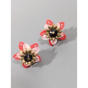 Vintage Flower Earrings Pink Red Petal Brass Tone Pierced Plastic Lucite